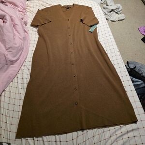 Terra & Sky Ribbed Button-Front Maxi Dress in Brown